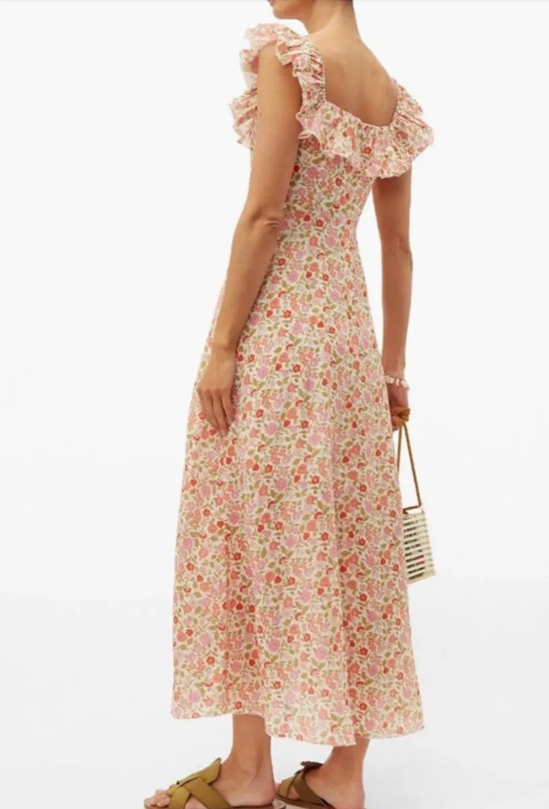 Zimmermann Goldie Ruffle Neck Midi Dress Pink Floral Size 0 / AU 8 for rent on The Volte - main image