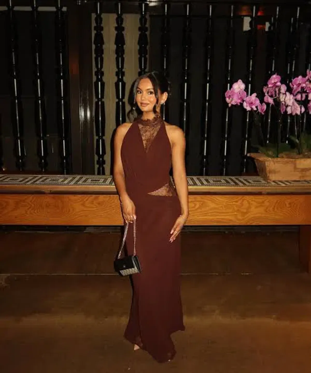 Meshki ARRA Chiffon And Lace Halter Maxi Dress - Cacao Brown - Image 1