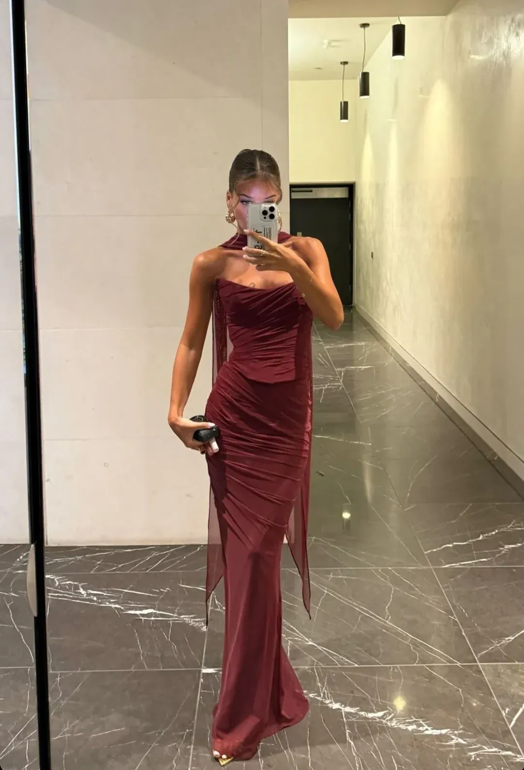 HOUSE OF CB Set Cassidy Maxi Skirt and Hallie Corset Top and scarf in Cabernet Red size small for rent on The Volte - main image