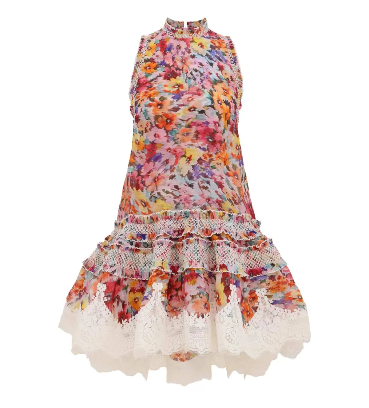Zimmermann Luna Shirred Lantern Mini Dress in Multi Floral Size 0 AU 8 - Image 1