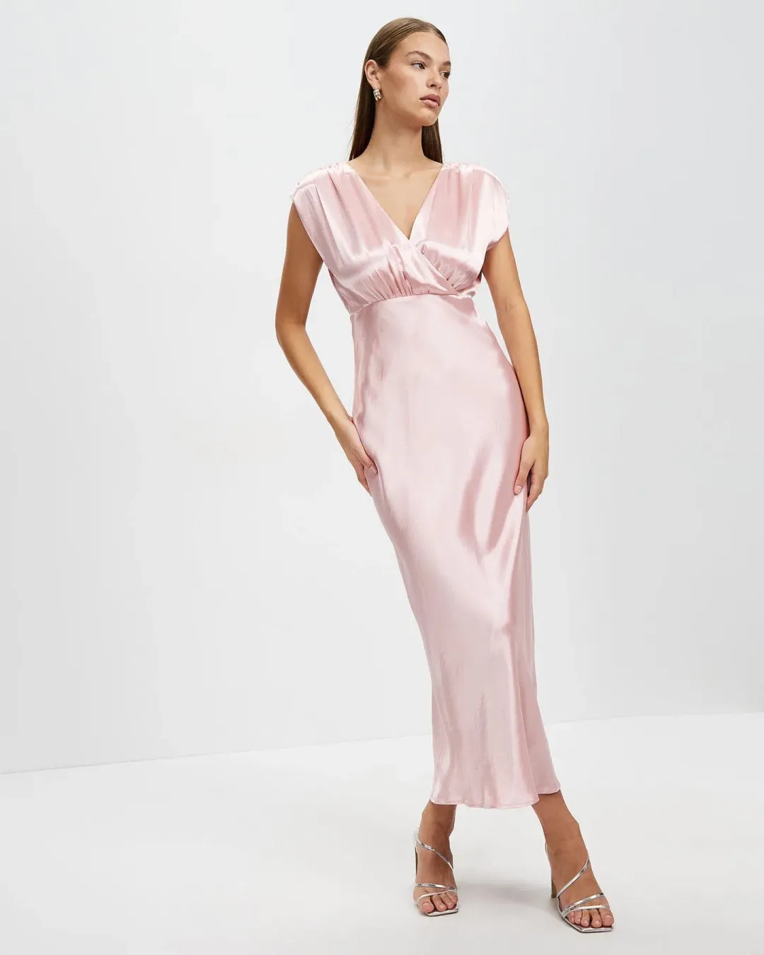 Pink Satin Cross Over Gather Dress THIRD FORM for rent on The Volte - main image
