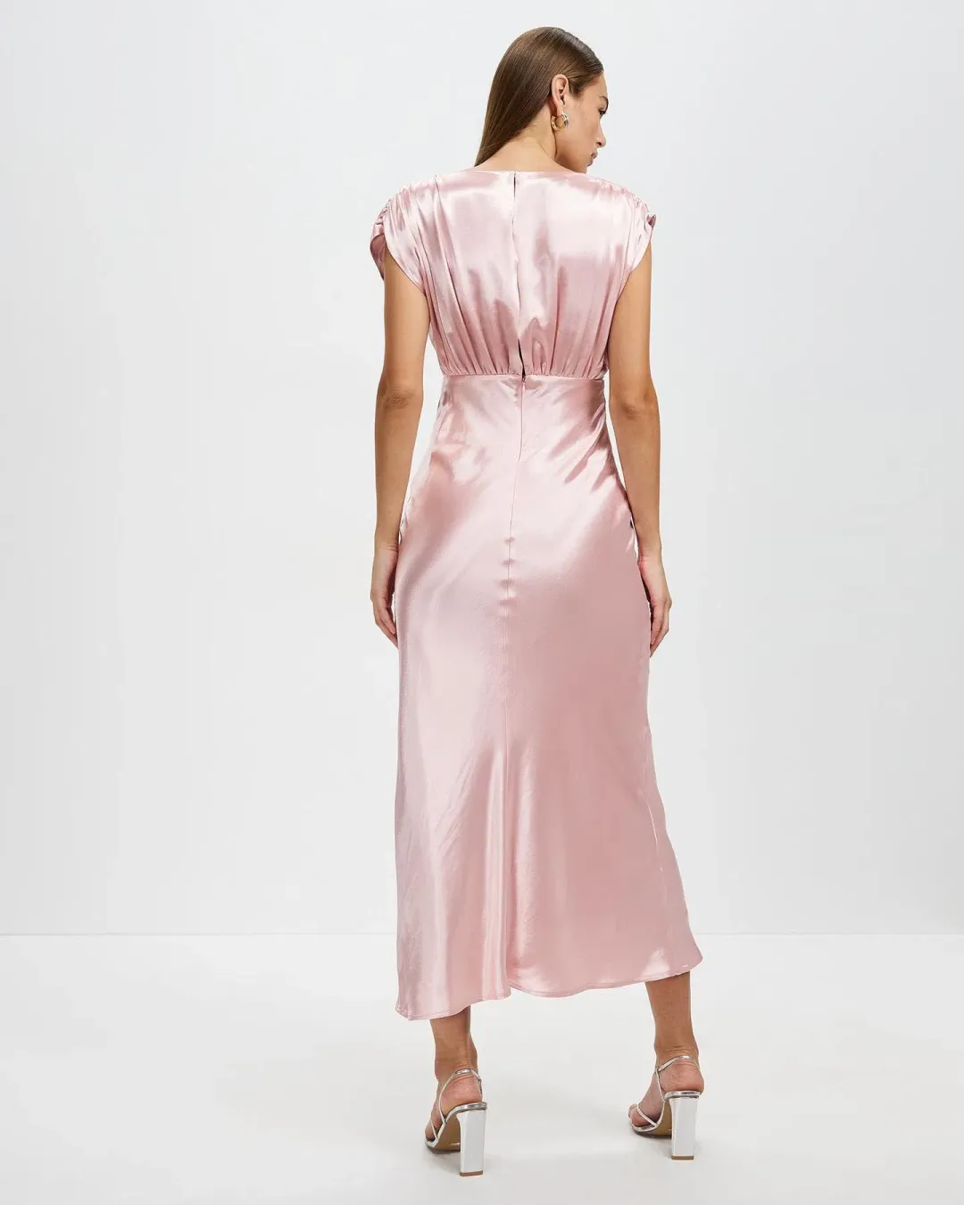 Pink Satin Cross Over Gather Dress THIRD FORM for rent on The Volte - main image
