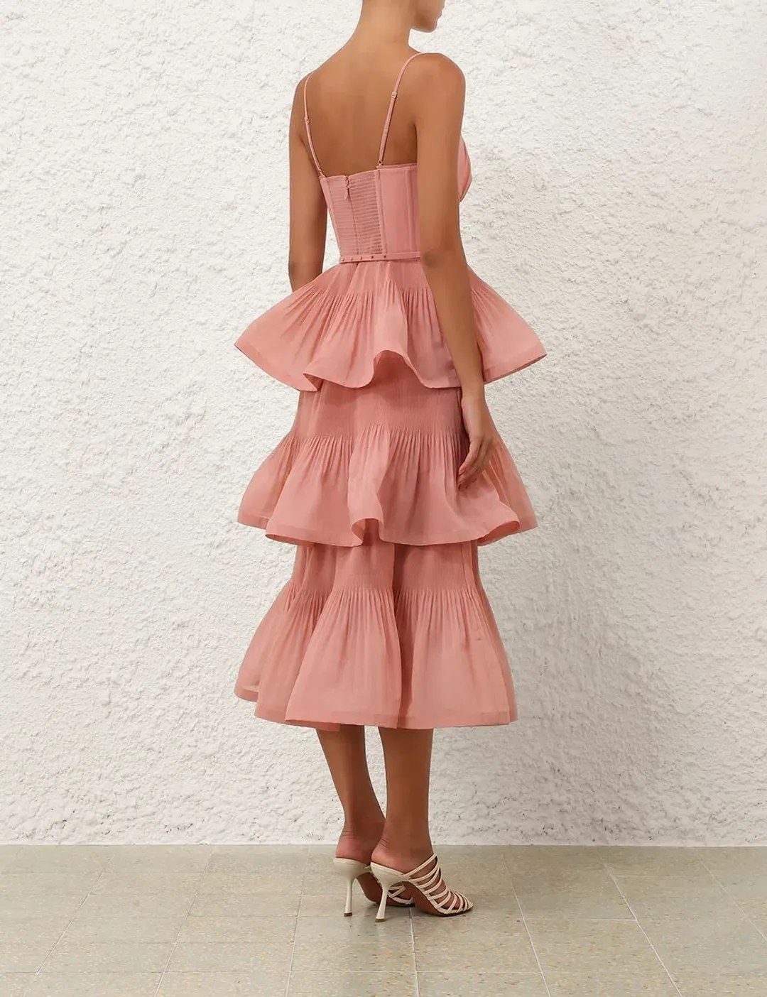 Zimmermann Dusty Pink Pleated Tiered Midi Dress s0 for rent on The Volte - main image