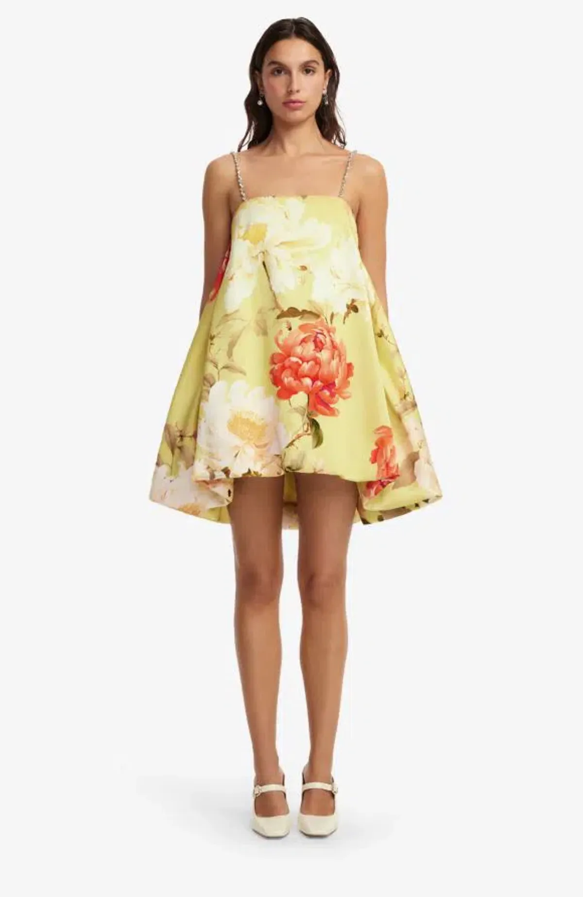 Leo Lin Pasty Embellished Puff Mini Dress Peony Print Yellow 12 for rent on The Volte - main image