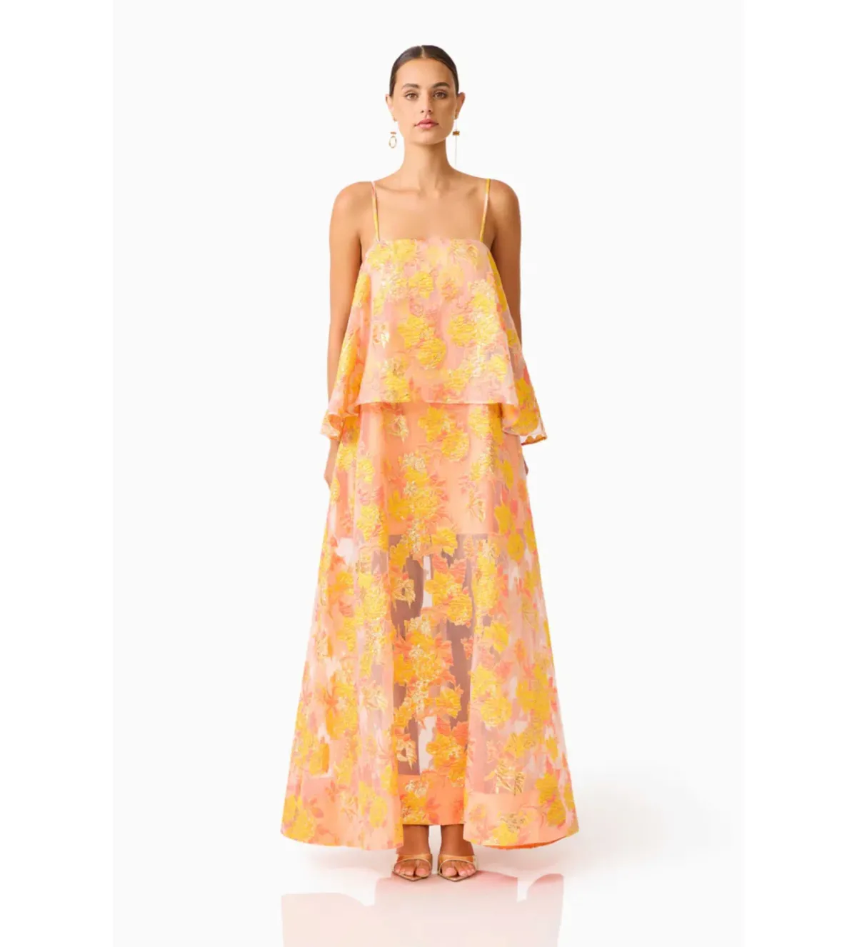 Elliatt Elysia Tiered Gown in Orange Floral Size M / AU10 for rent on The Volte - main image