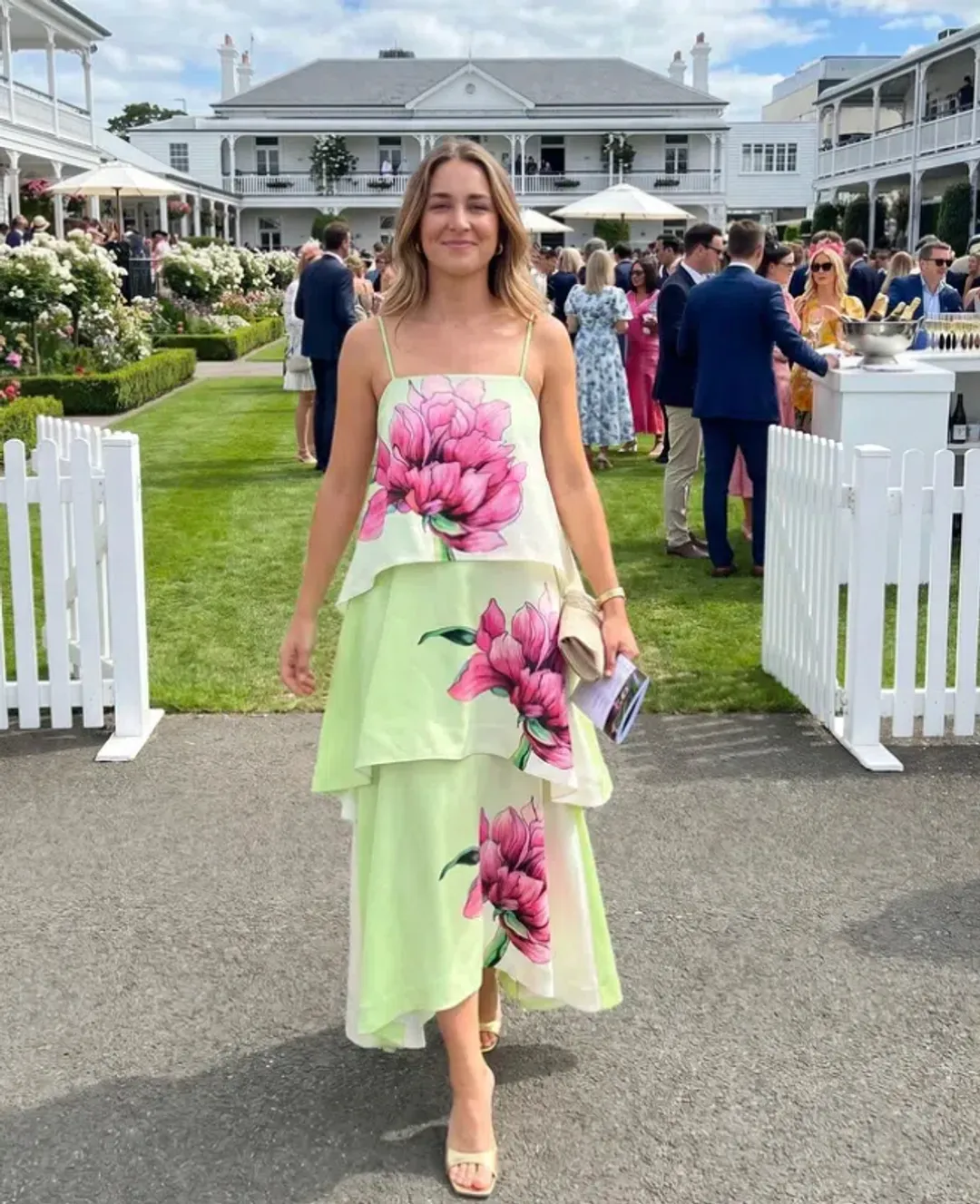 Elliatt Elisa Tiered Gown in Green and Pink Floral Size L AU 12 for rent on The Volte - main image