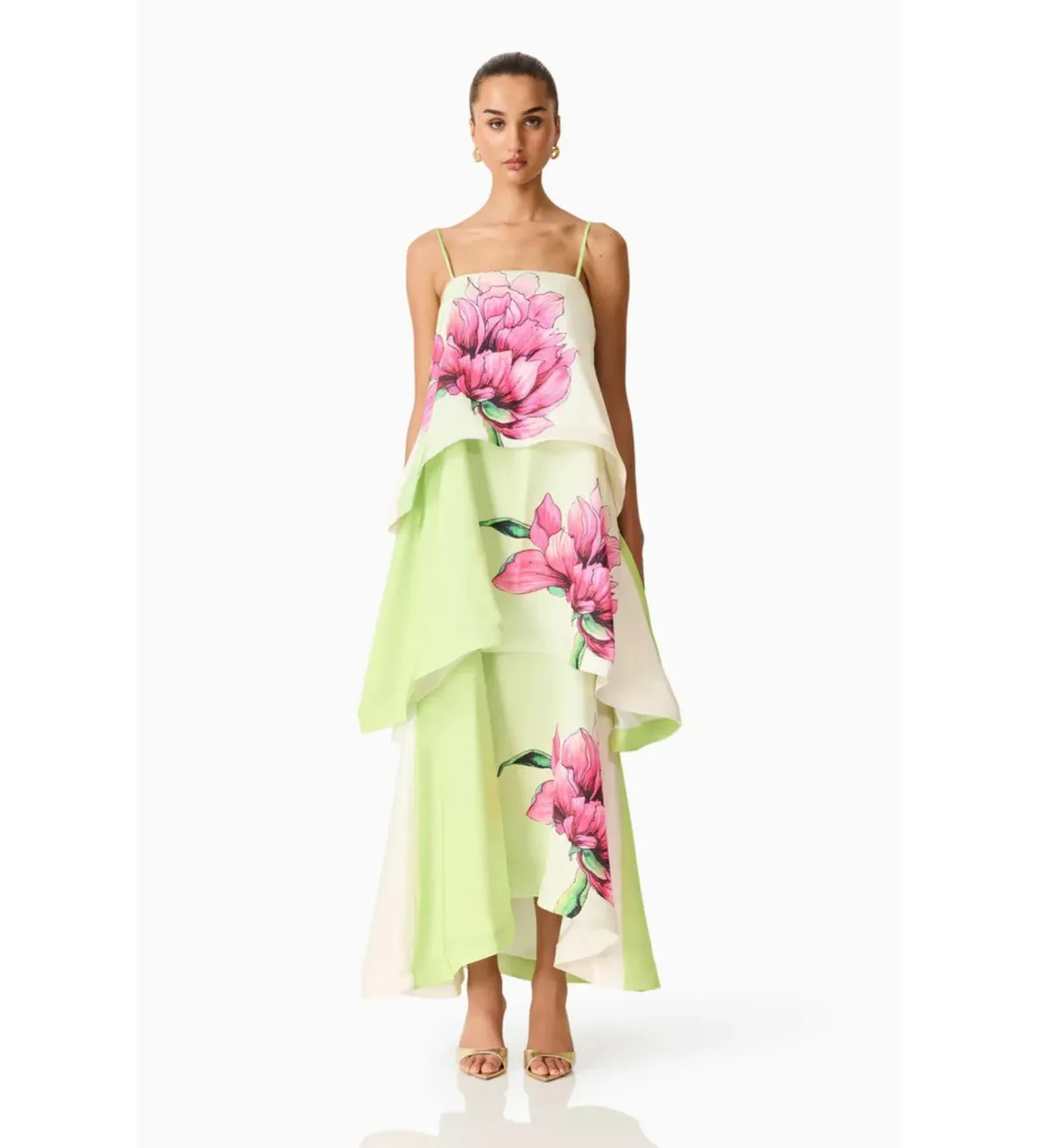 Elliatt Elisa Tiered Gown in Green and Pink Floral Size L AU 12 for rent on The Volte - main image