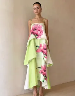 Elliatt Elisa Tiered Gown in Green and Pink Floral Size L AU 12 for rent on The Volte - image 2