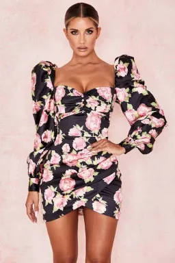 House Of CB Amaryllis Rose Print Puff Shoulder Dress NEW | Size M / Medium for rent on The Volte - image 1