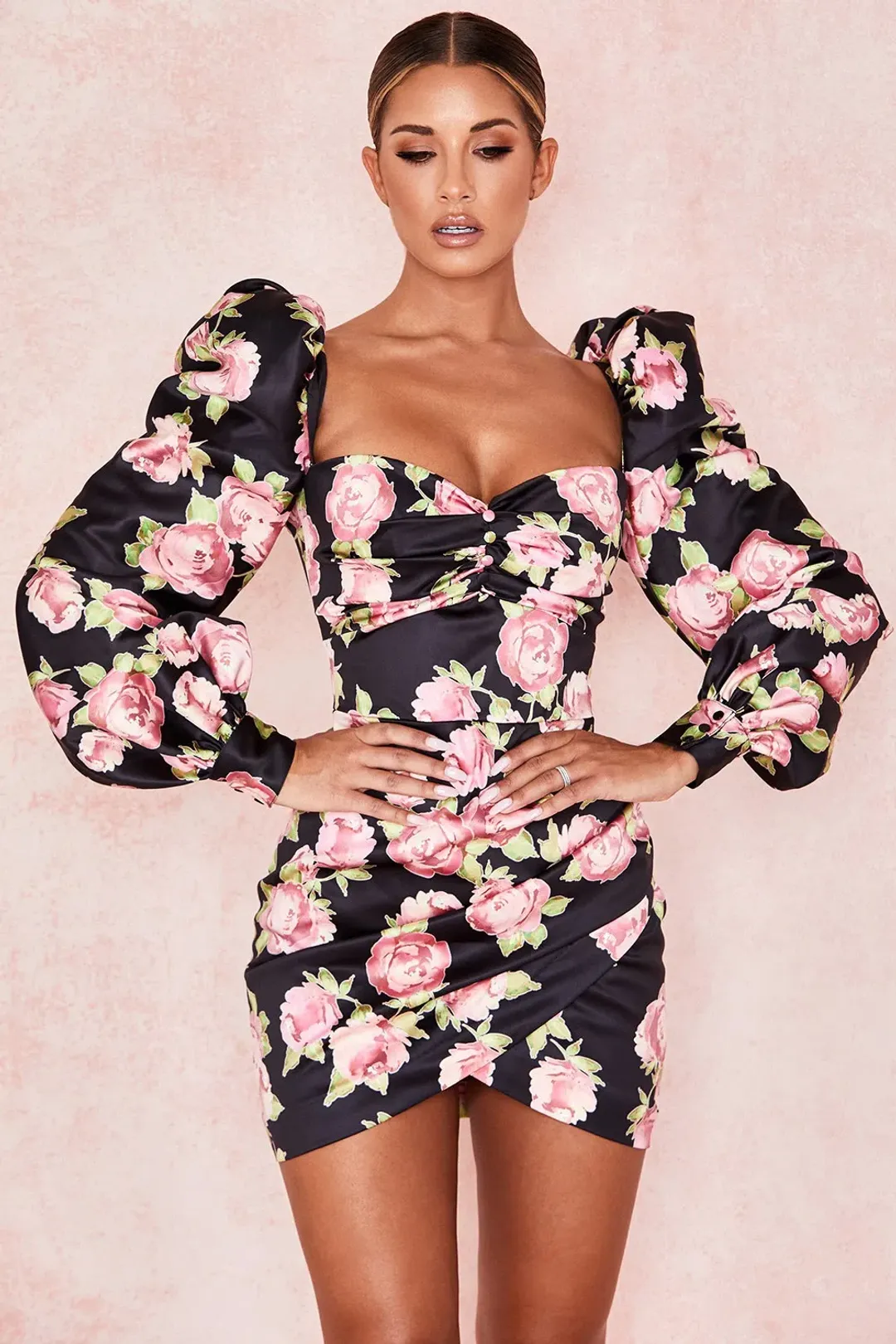 House Of CB Amaryllis Rose Print Puff Shoulder Dress NEW | Size M / Medium for rent on The Volte - main image