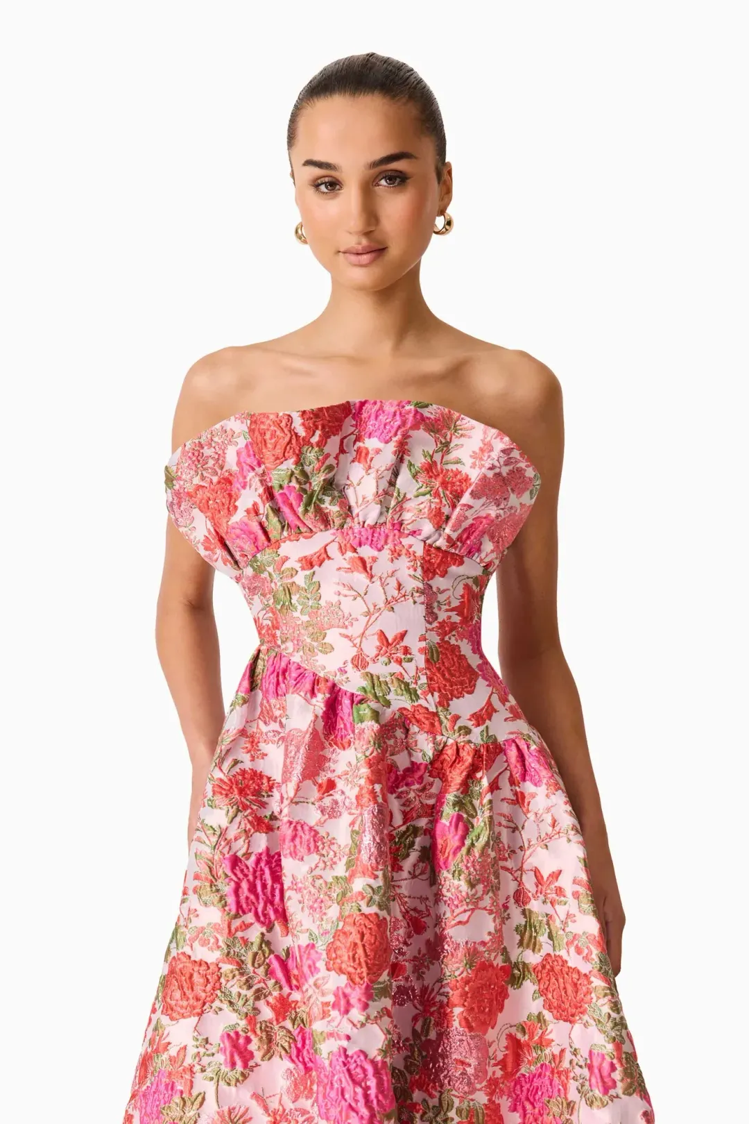 Elliatt Floralie Strapless Gown in pink floral; size medium / AU 10 for rent on The Volte - main image