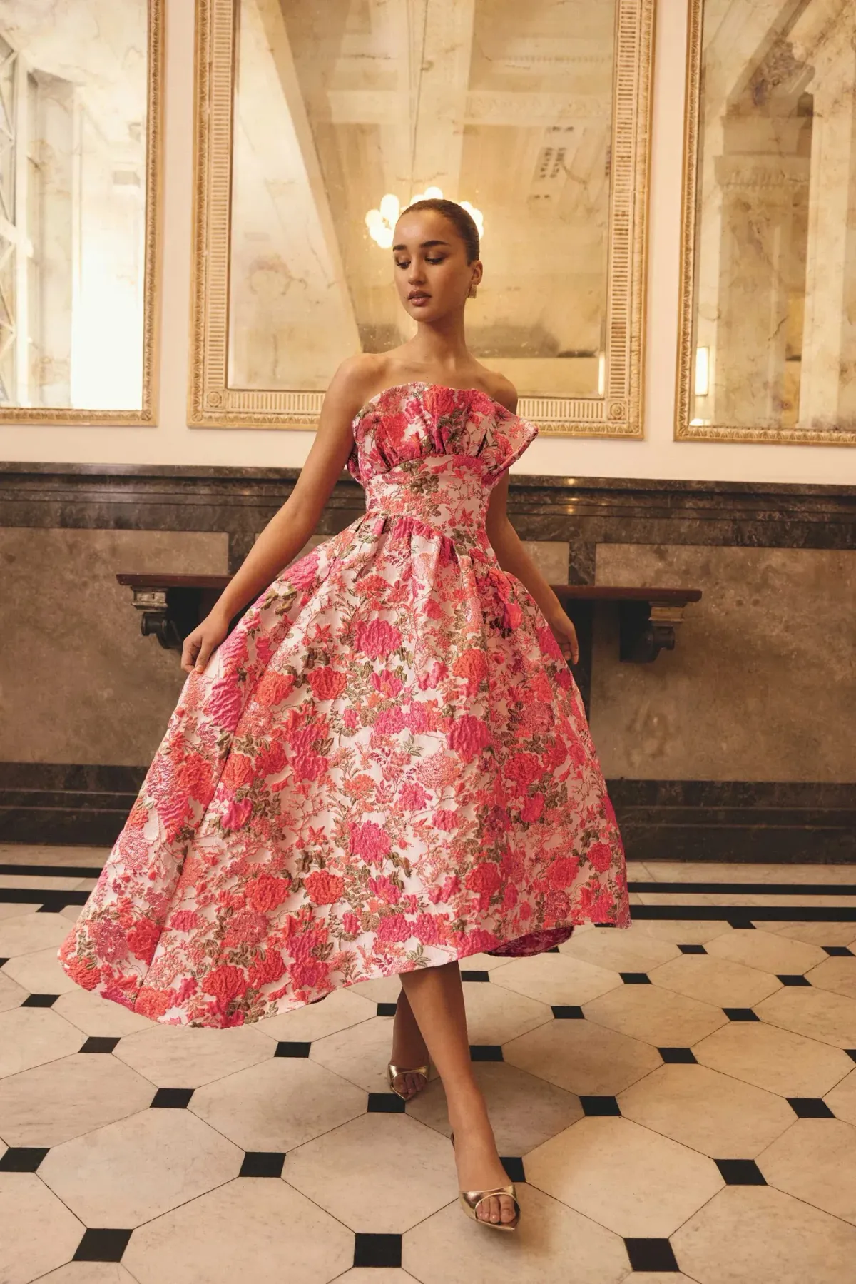Elliatt Floralie Strapless Gown in Pink Floral; large / AU 12 for rent on The Volte - main image