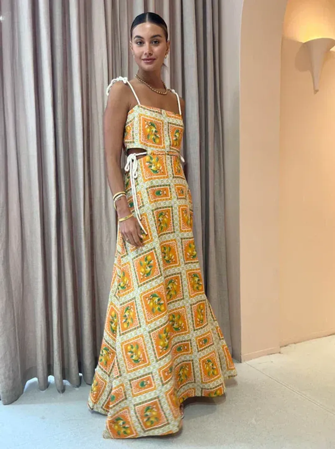 By Nicola Lemonade Tie Maxi Dress Orange Mosaic Size 10 for rent on The Volte - main image