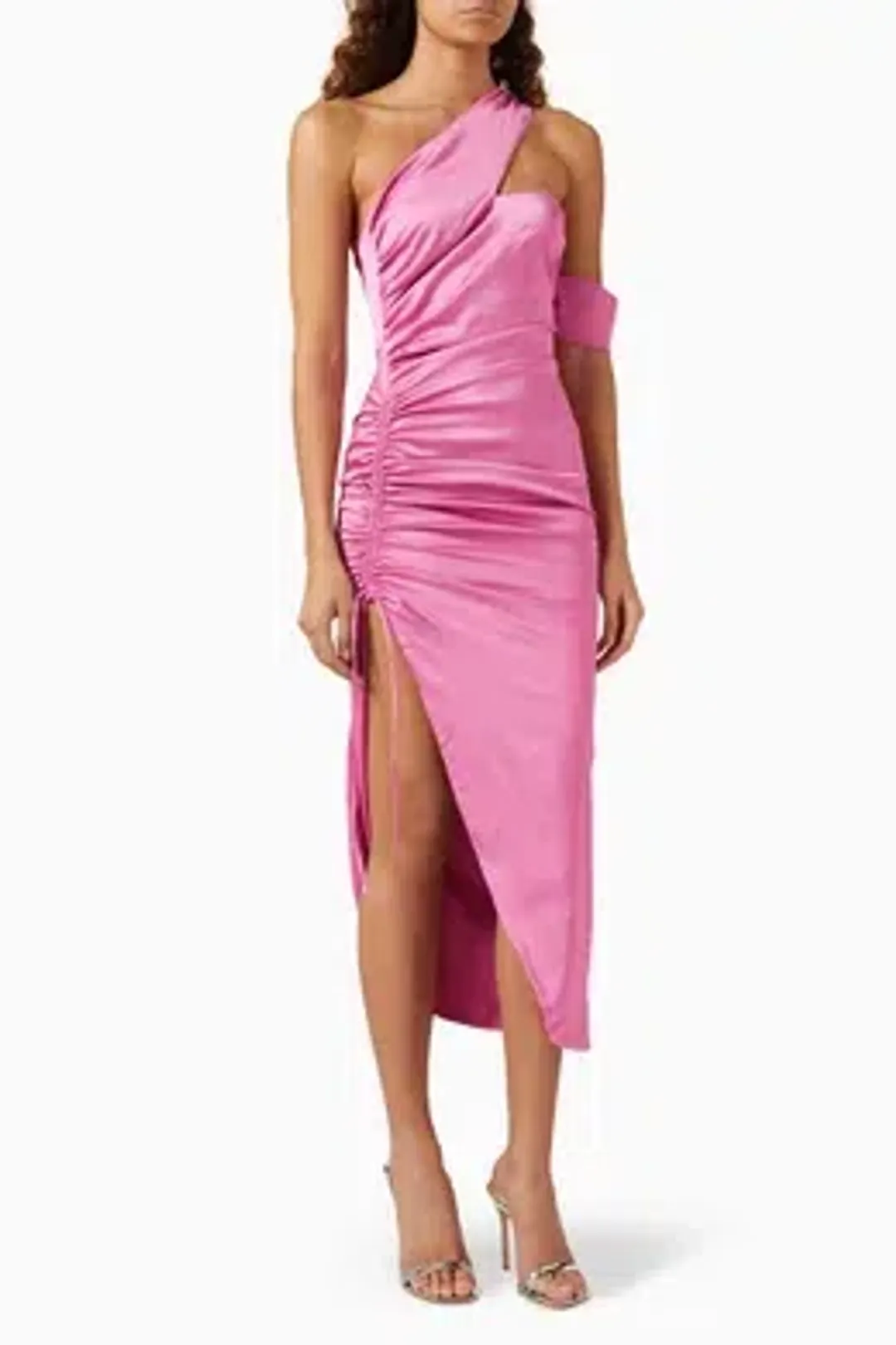 elle zeitoune Sierra Asymmetric Midi Dress In Pink | Size AU 12 for rent on The Volte - main image