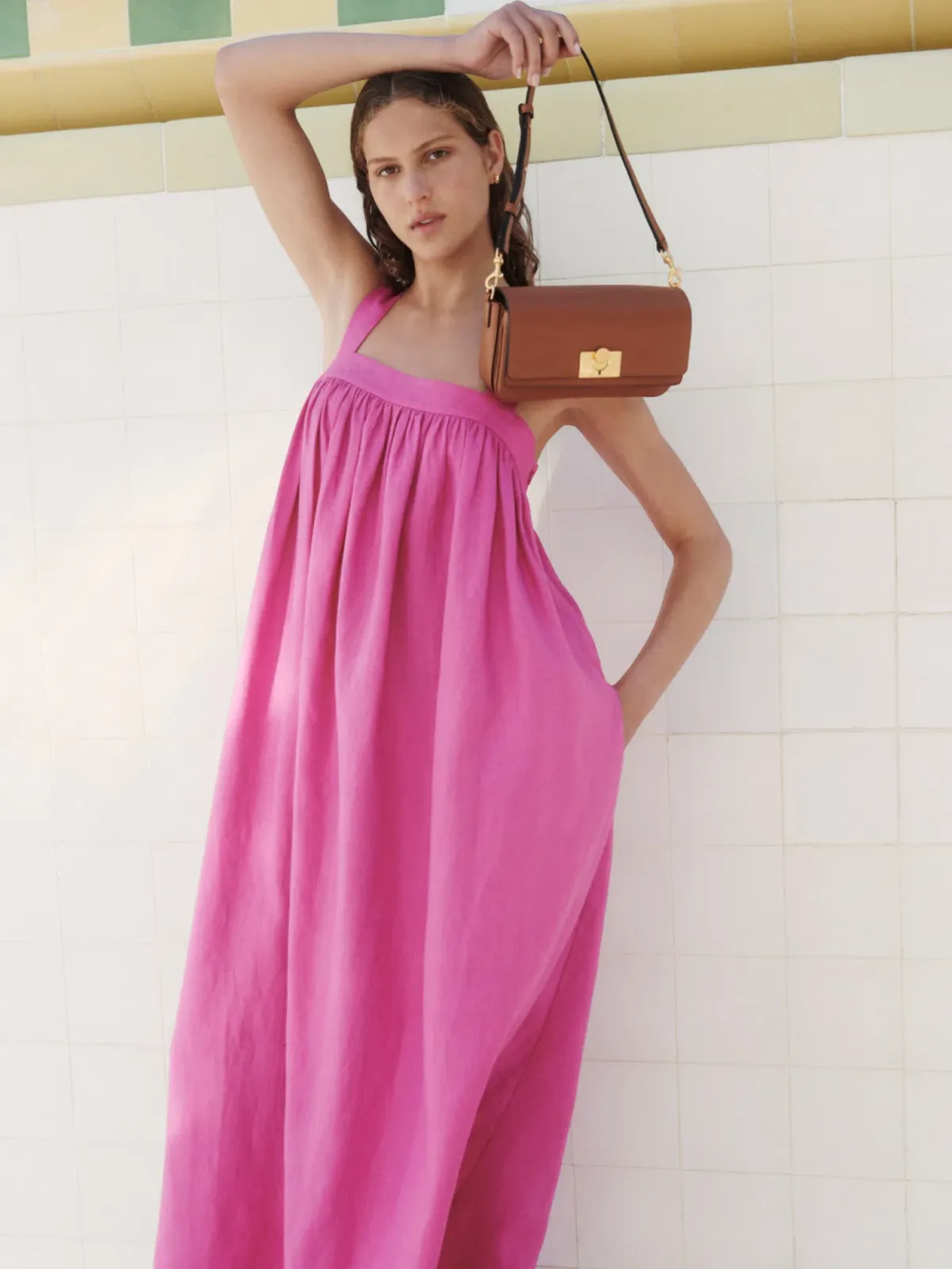 Oroton Bow Detail Fuchsia Pink Sundress Size 14 Linen Strappy Maxi Gown - Image 6