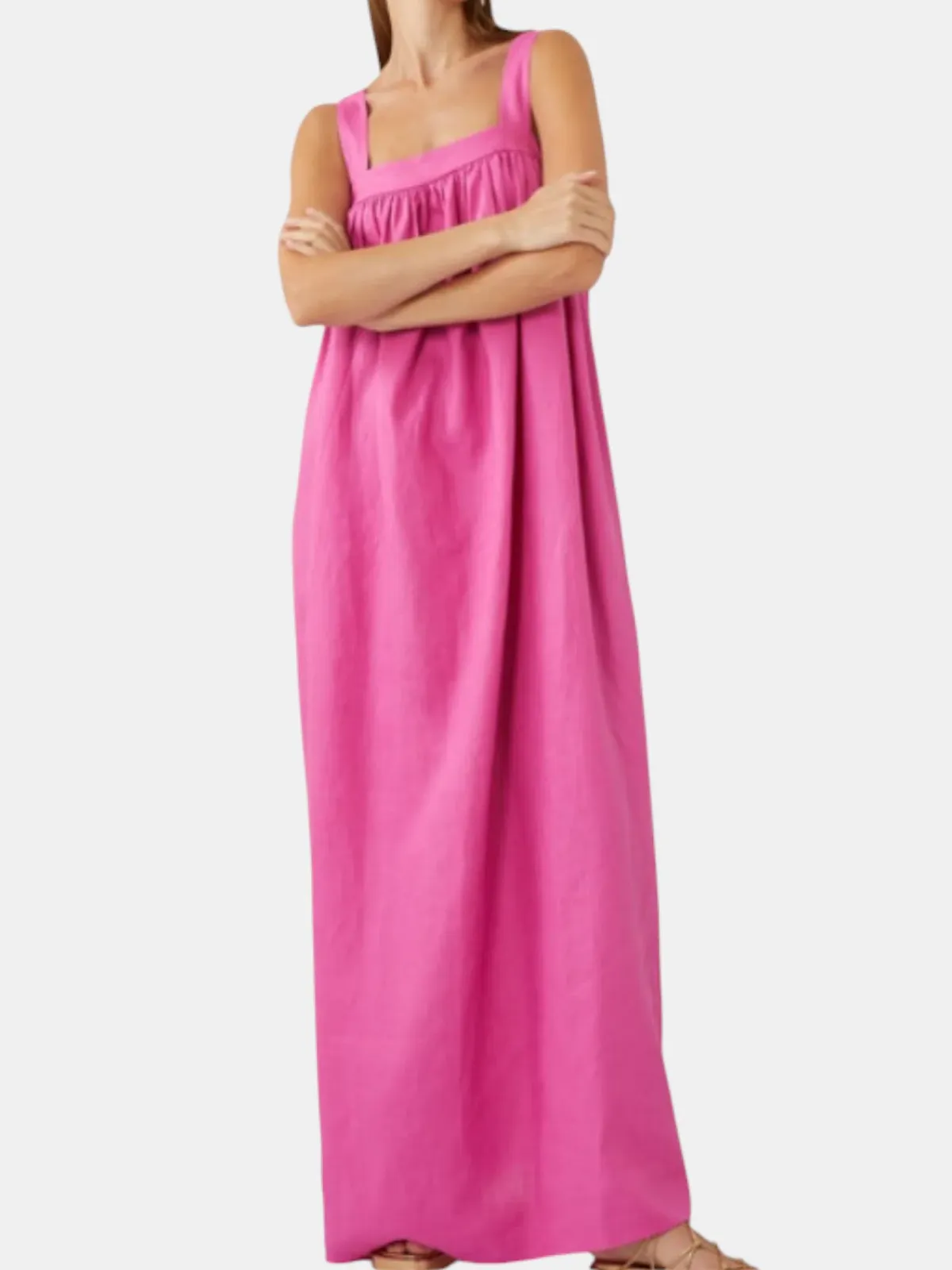 Oroton Bow Detail Fuchsia Pink Sundress Size 14 Linen Strappy Maxi Gown - Image 5
