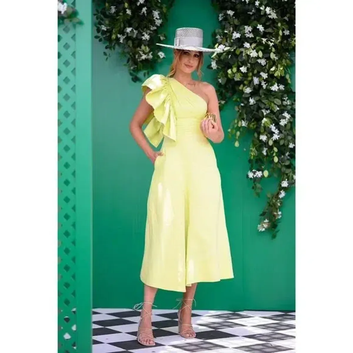 Aje Bonjour Asymmetric Midi Dress Lime Green for rent on The Volte - main image