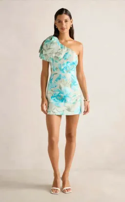 Forever New Darcy One Shoulder Bow Mini Dress Mint Lyell Floral Size AU 10 / M for rent on The Volte - image 3