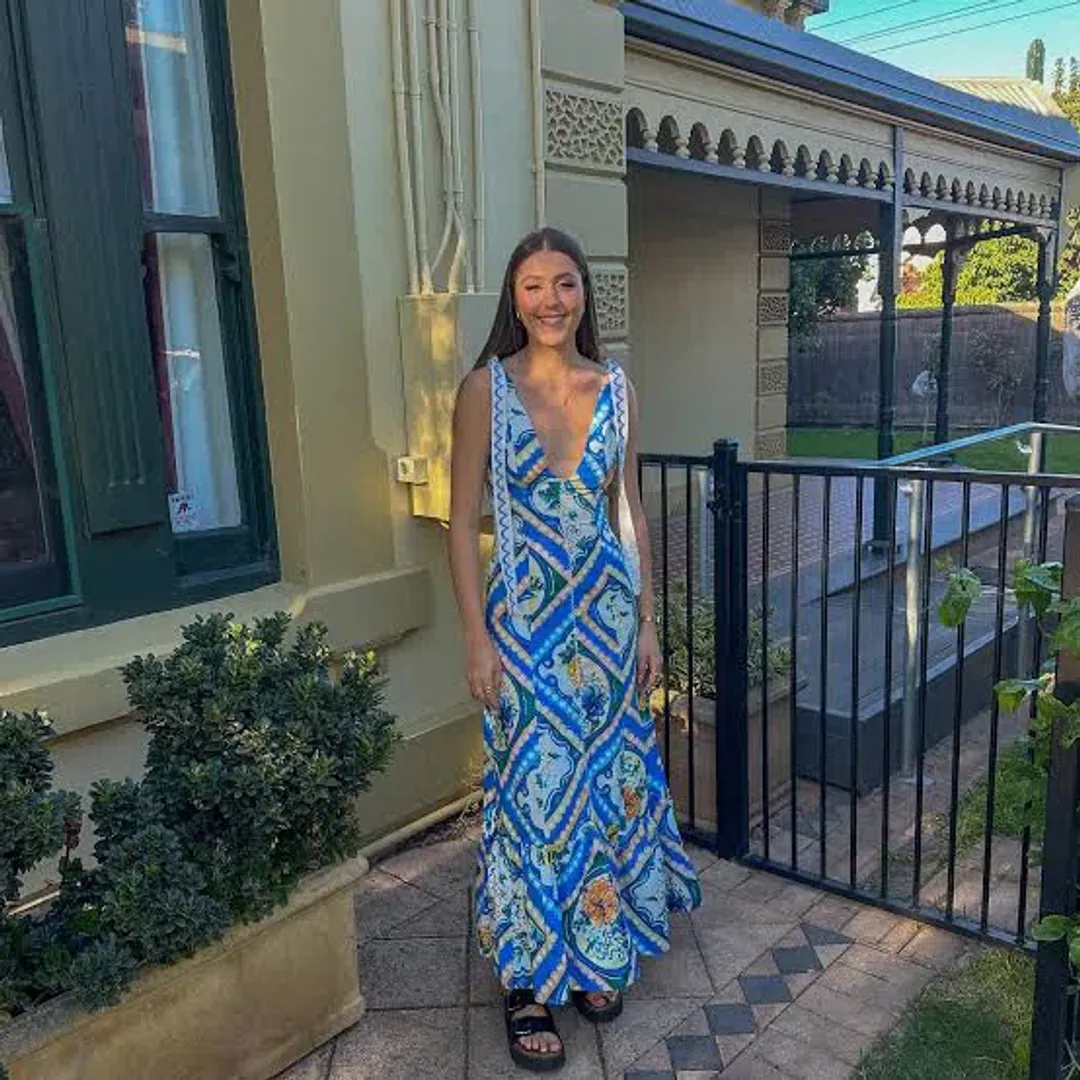 By Nicola Adoncia Tie Shoulder Maxi Dress in Azure Floral | AU 12 for rent on The Volte - main image