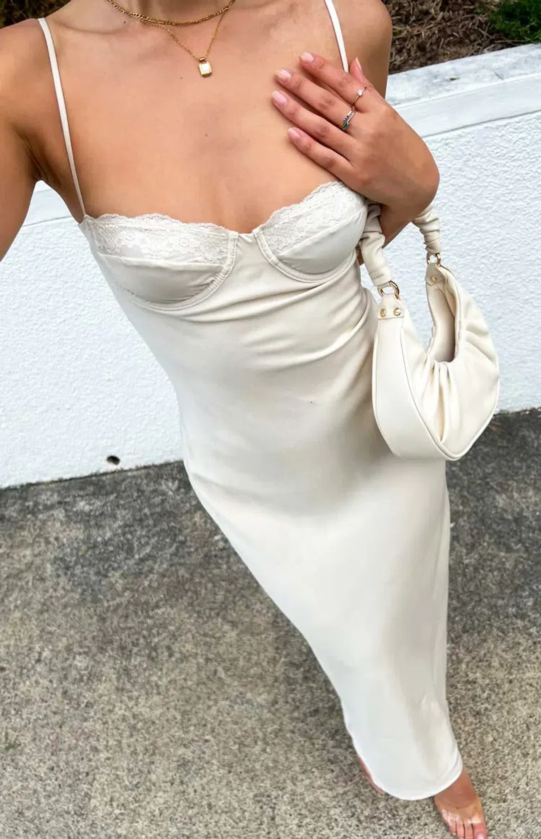 Beginning Boutique Mariana Cream Lace Bust Midi Dress for rent on The Volte - main image