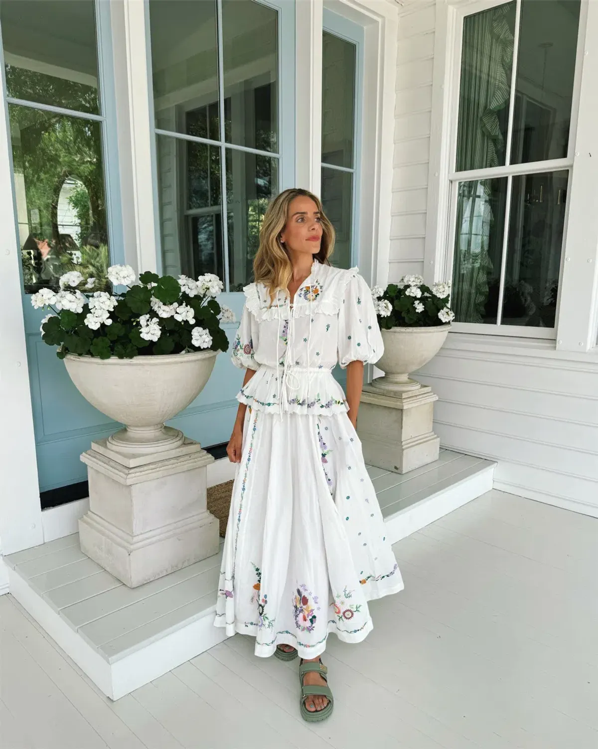 ALEMAIS Willa Embroidered Blouse and Midi Skirt Set White Floral Size 10 AU for rent on The Volte - main image