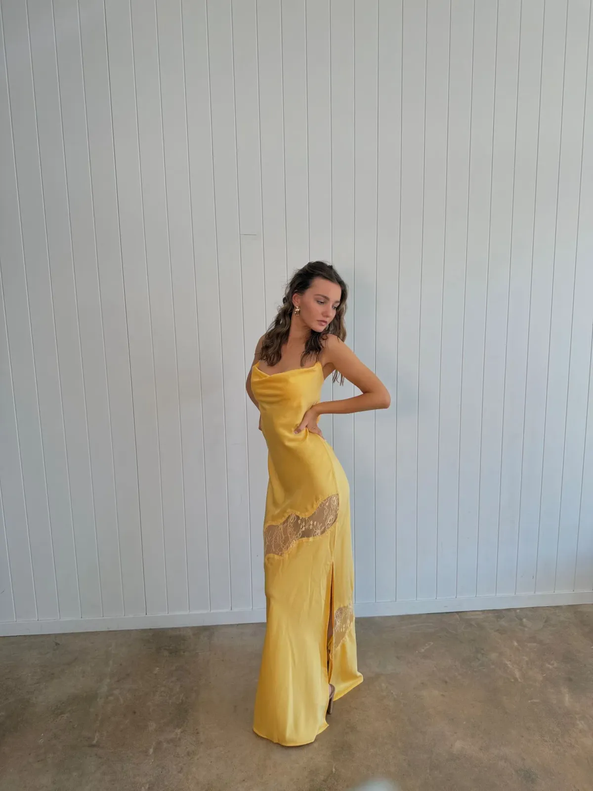 Meshki Chandra Lace Satin Maxi Dress Lemon Size 8 for rent on The Volte - main image