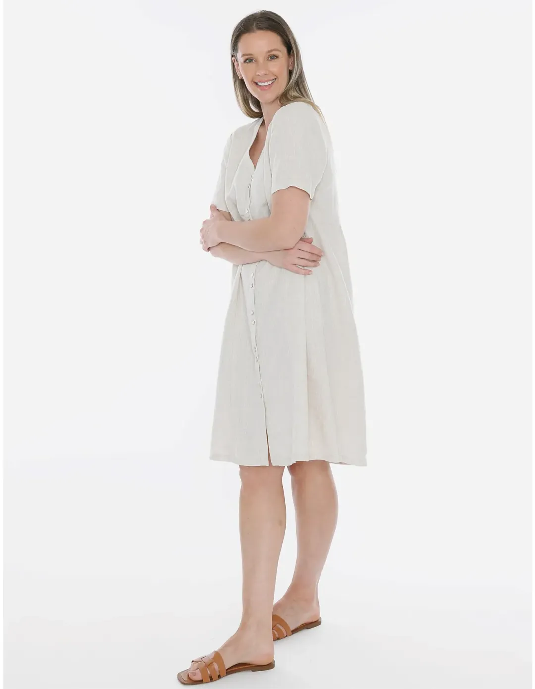 Jump Double Button V-neck Dress Beige Size 14 for rent on The Volte - main image