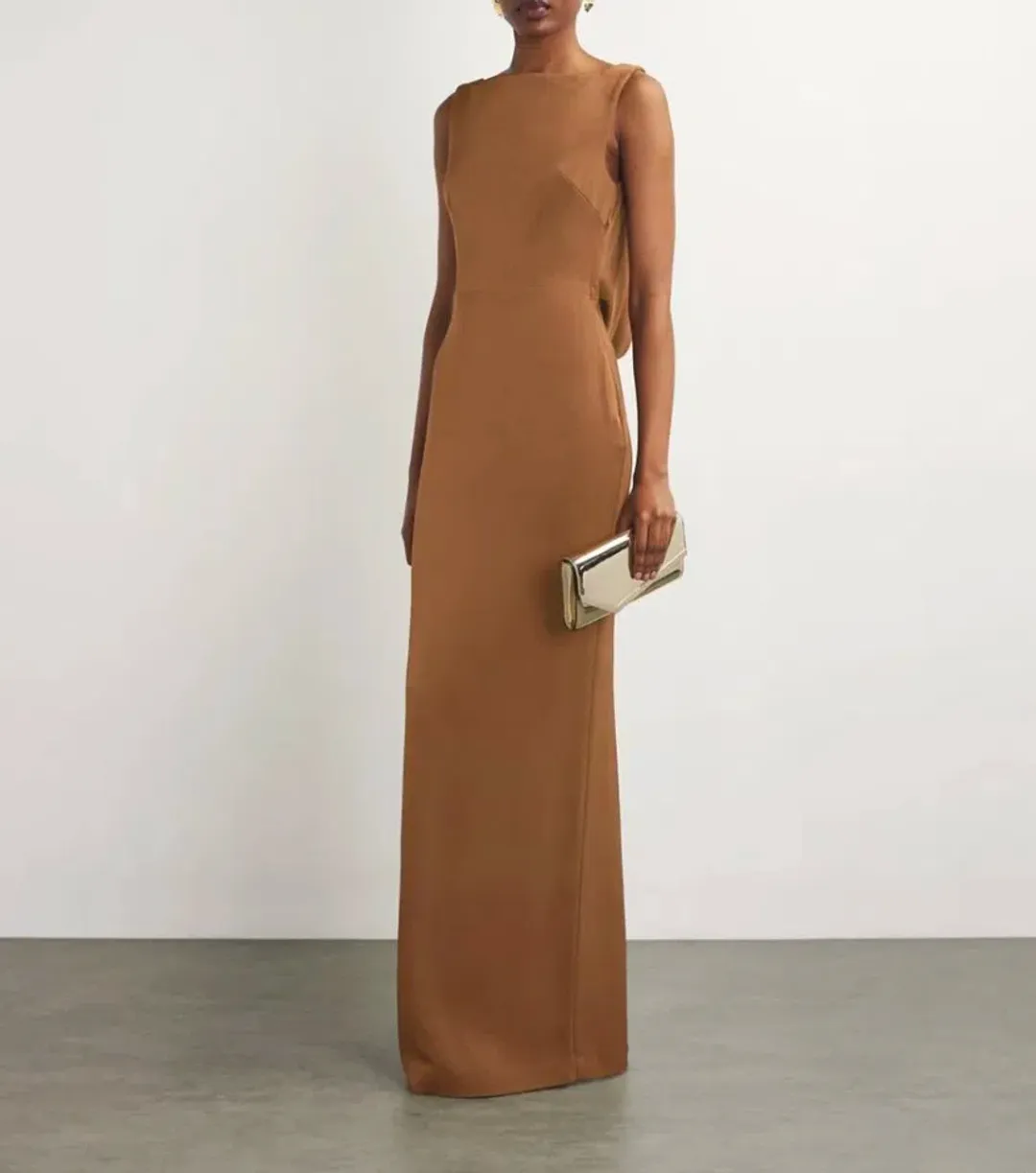 Alex Perry satin crepe draped back maxi dress in brown AU 14 for rent on The Volte - main image