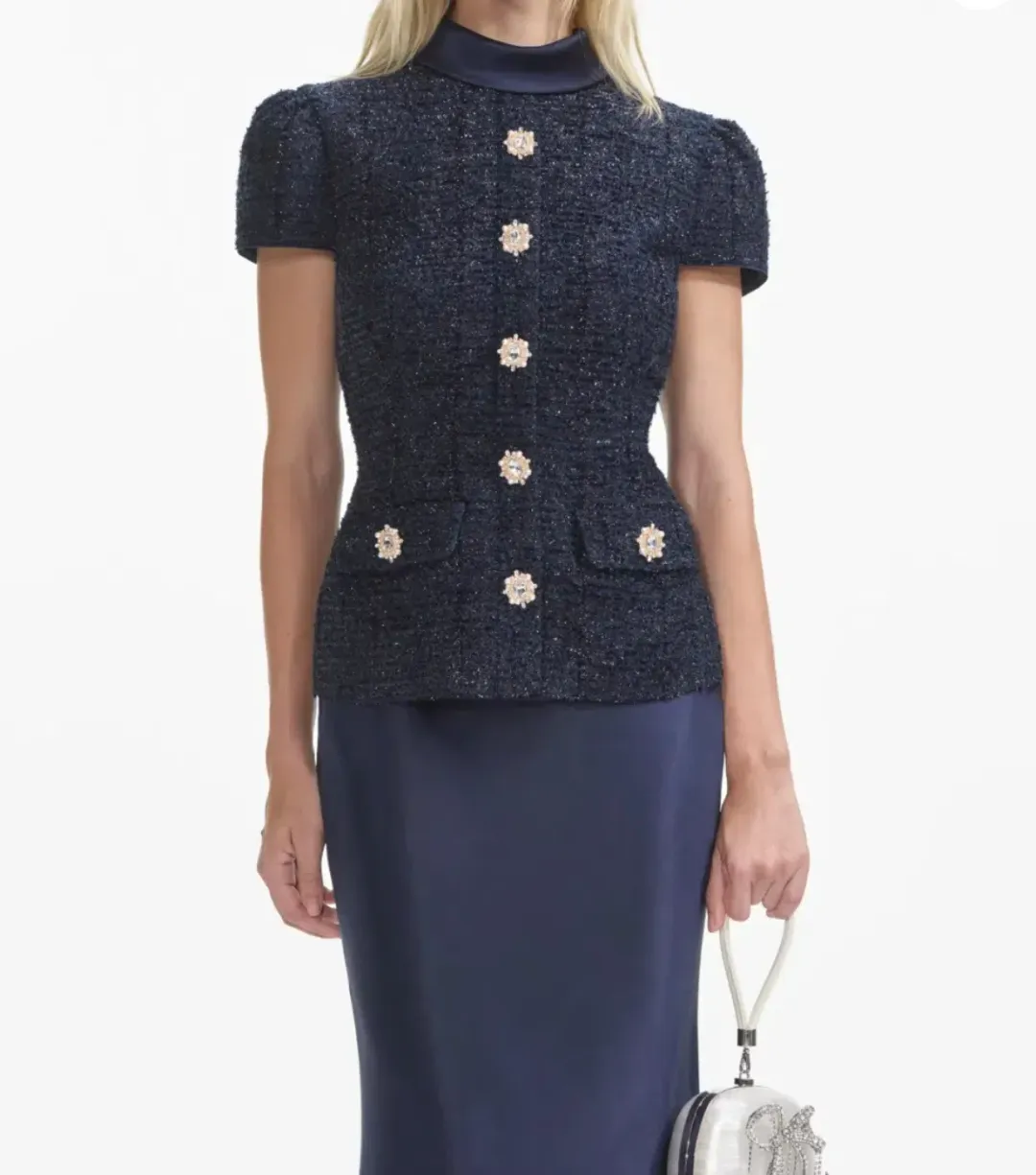 Self Portrait Navy Metallic Boucle Maxi Dress Size 6 for rent on The Volte - main image