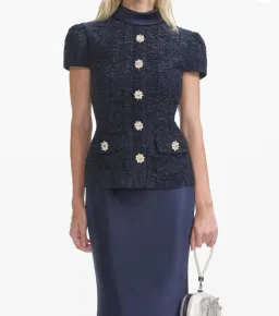 Self Portrait Navy Metallic Boucle Maxi Dress Size 6 for rent on The Volte - image 3