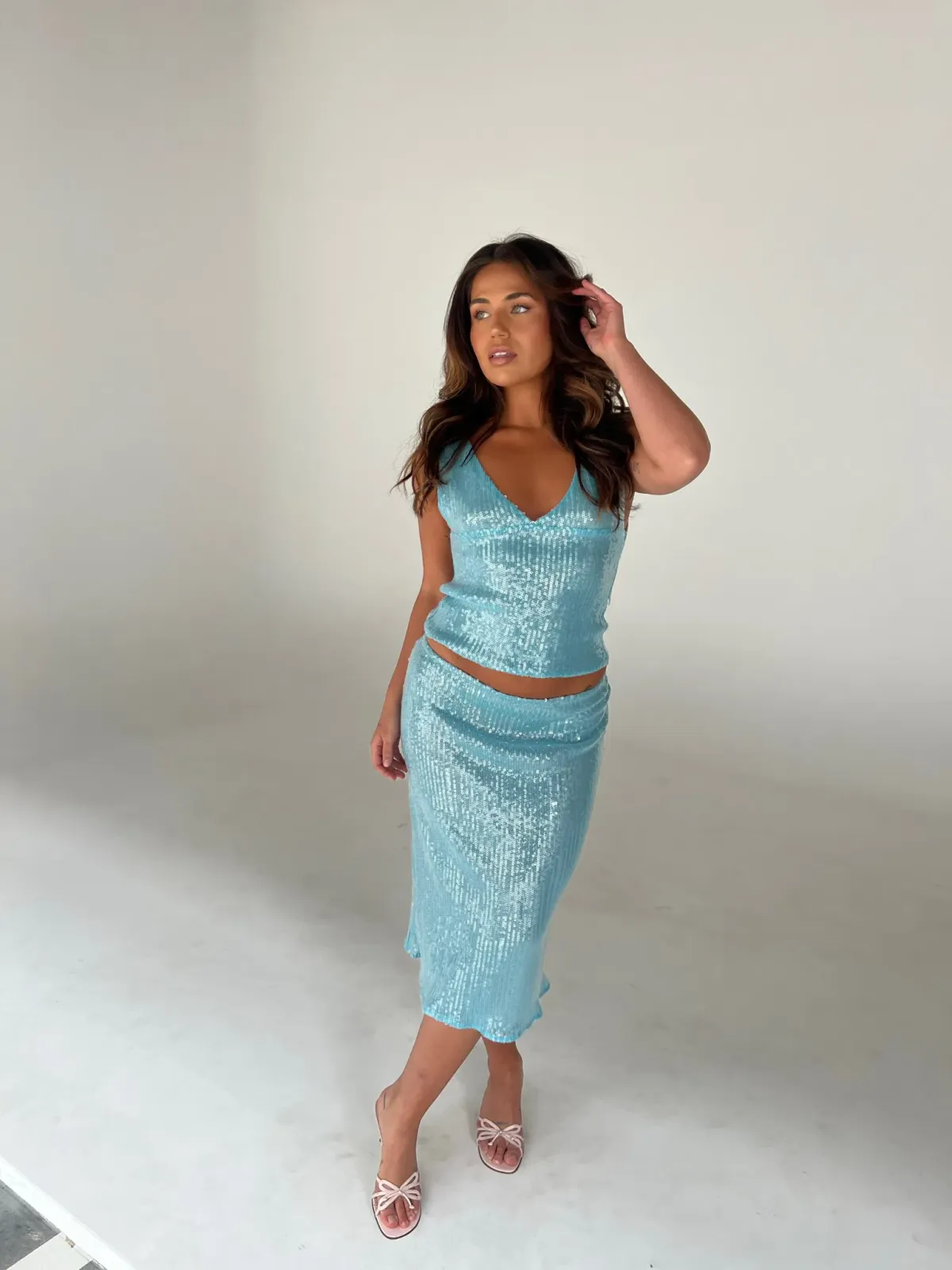 Mr Winston Sequin Top and Skirt Set in Marine Blue Size XS/S for rent on The Volte - main image