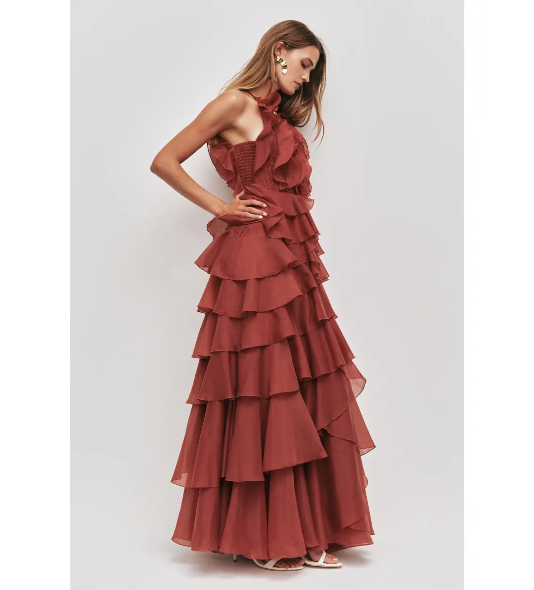 Aje Cleo Gown in Rust Size AU12 for rent on The Volte - main image