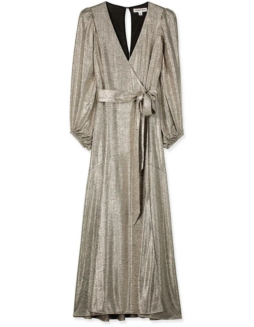 COUNTRY ROAD Metallic Wrap Maxi Dress in Pewter Gold - Size L / 14 women's for rent on The Volte - main image
