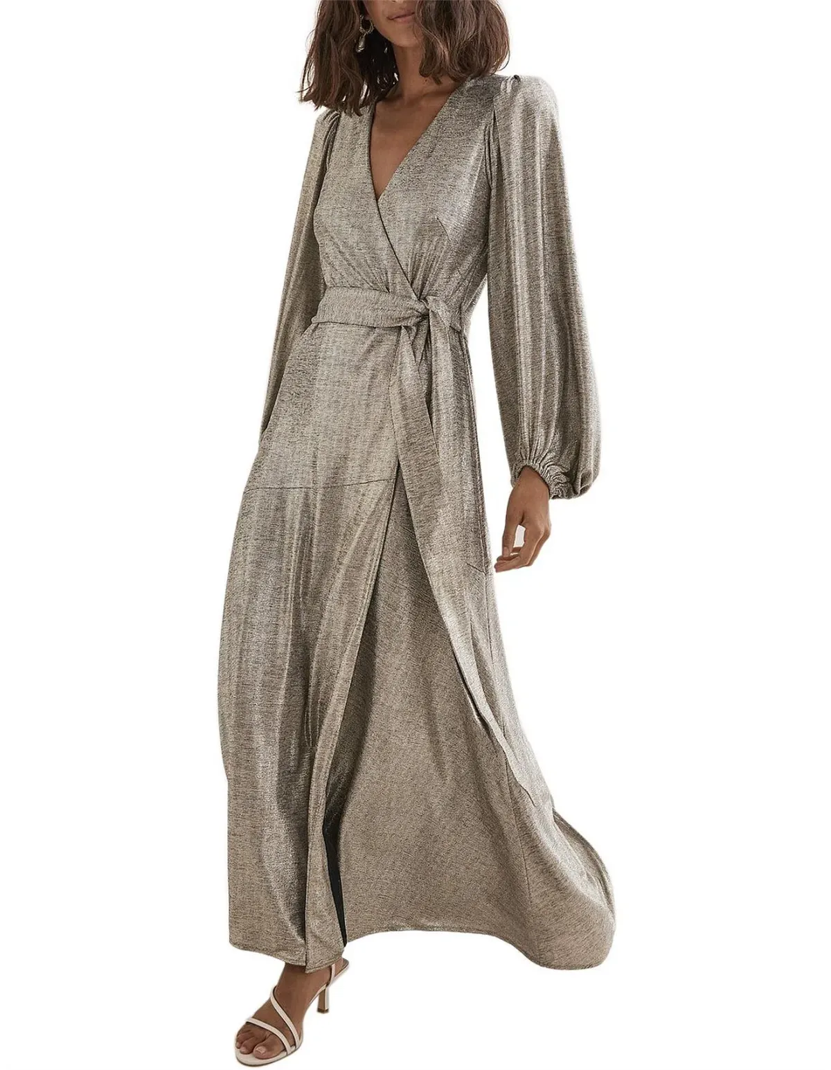 COUNTRY ROAD Metallic Wrap Maxi Dress in Pewter Gold - Size L / 14 women's - Image 1
