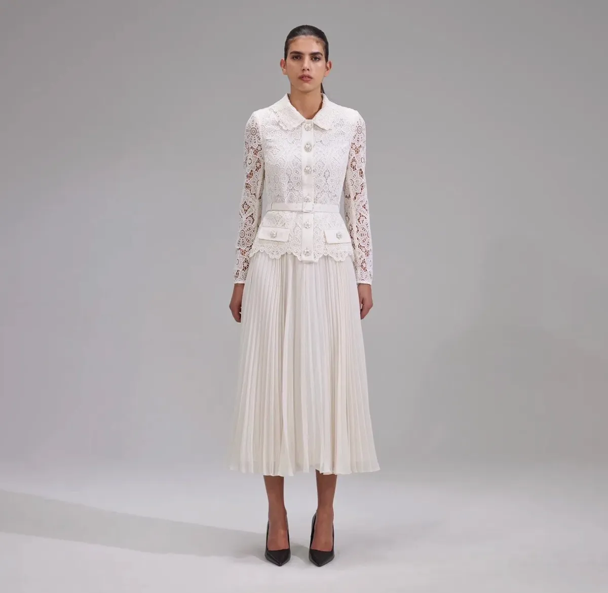 Self-Portrait Belted Crystal Embellished Guipure Lace Midi Dress - Image 4