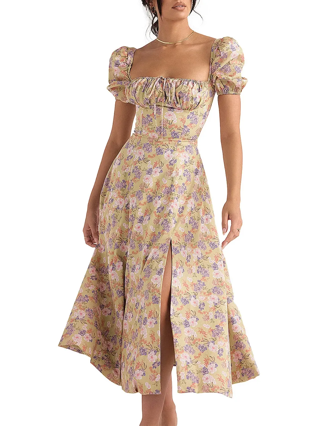 House Of Cb Tallulah Print Puff Sleeve Midi Sundress Peony Size 6 for rent on The Volte - main image