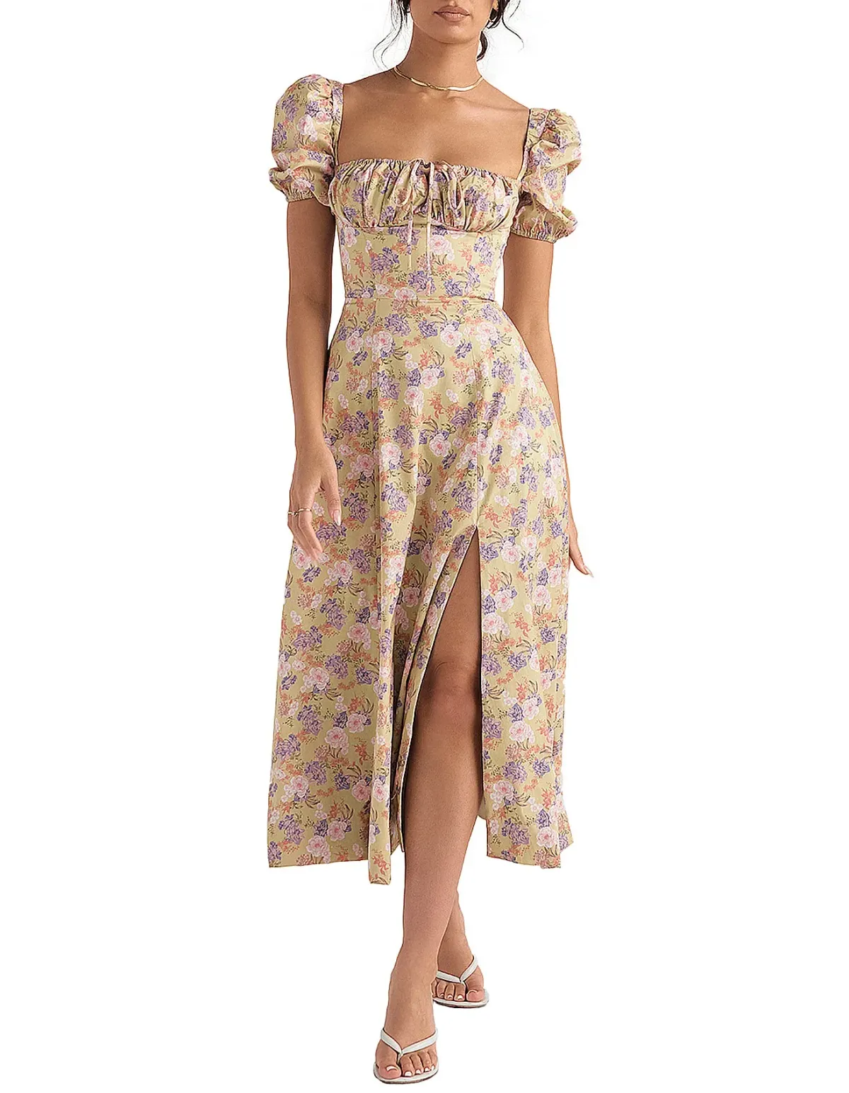 House Of Cb Tallulah Print Puff Sleeve Midi Sundress Peony Size 6 for rent on The Volte - main image