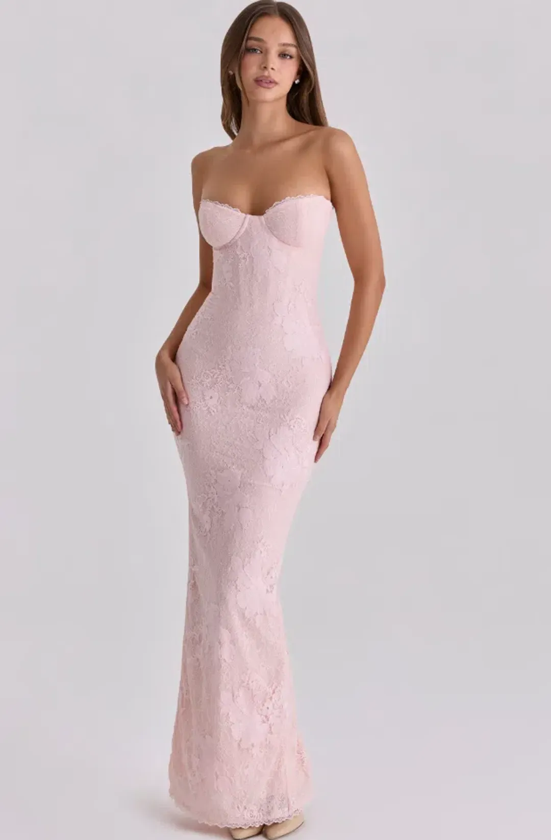 House of CB Lucienne pink lace maxi dress Regular Cup Size M for rent on The Volte - main image
