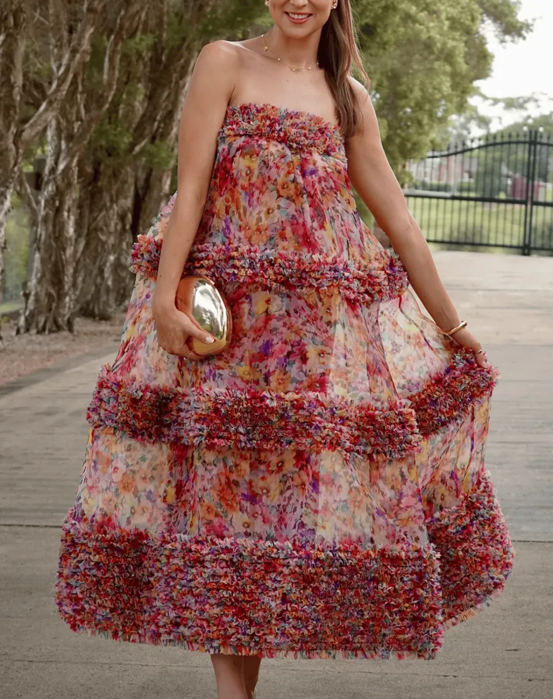 Zimmermann Luna Ruffle Bandeau Gown Multi Floral Size 0 / AU 8 for rent on The Volte - main image