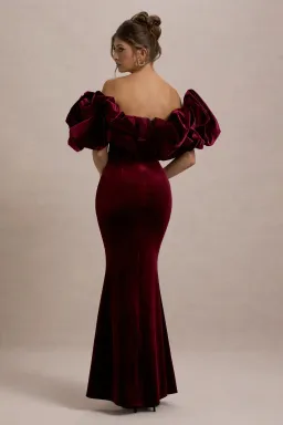 Club L London Port Velvet Bardot Maxi Dress With Velvet Ruffle Trim for rent on The Volte - image 2