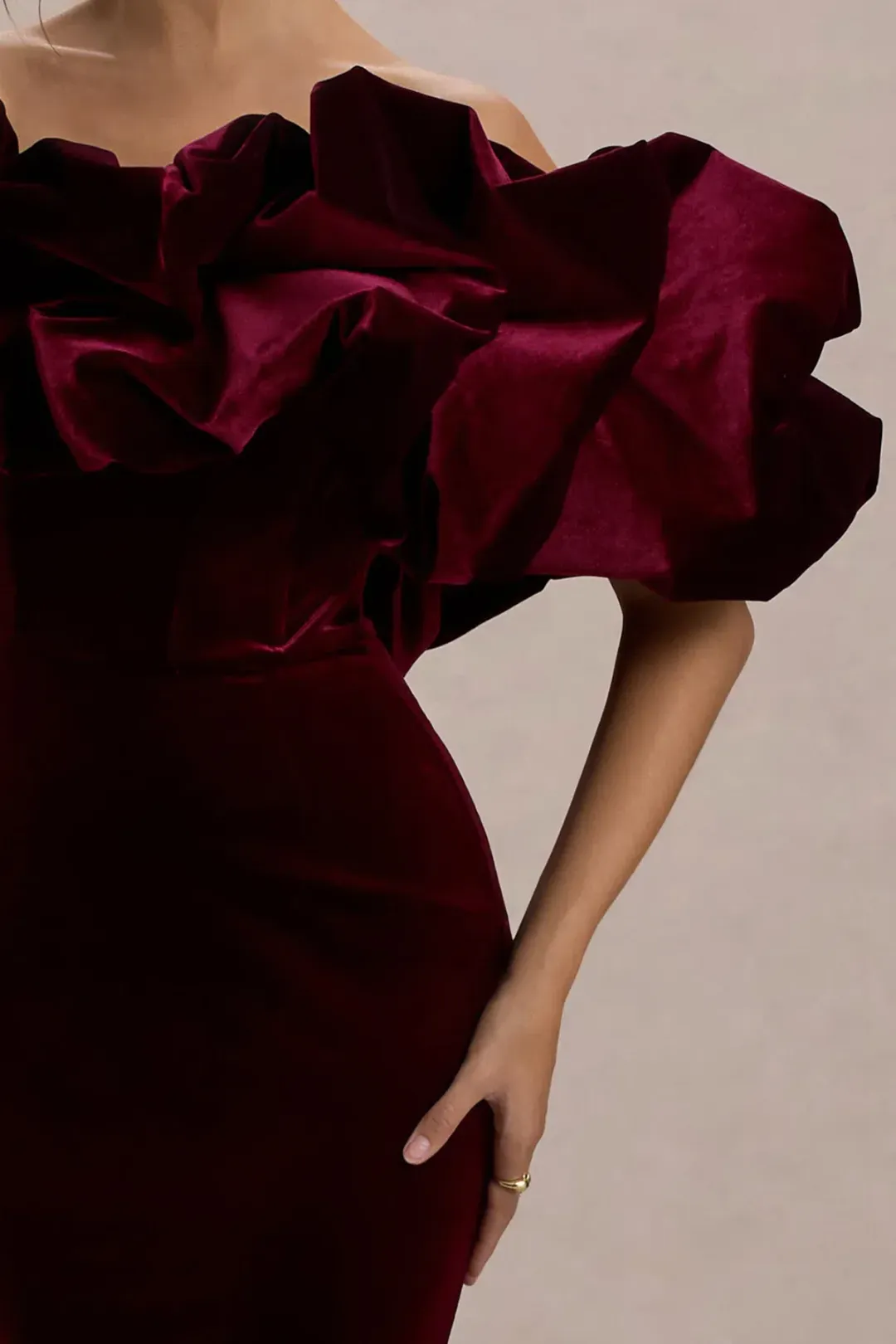 Club L London Port Velvet Bardot Maxi Dress With Velvet Ruffle Trim for rent on The Volte - main image