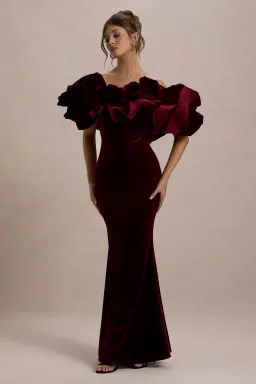 Club L London Port Velvet Bardot Maxi Dress With Velvet Ruffle Trim for rent on The Volte - image 1