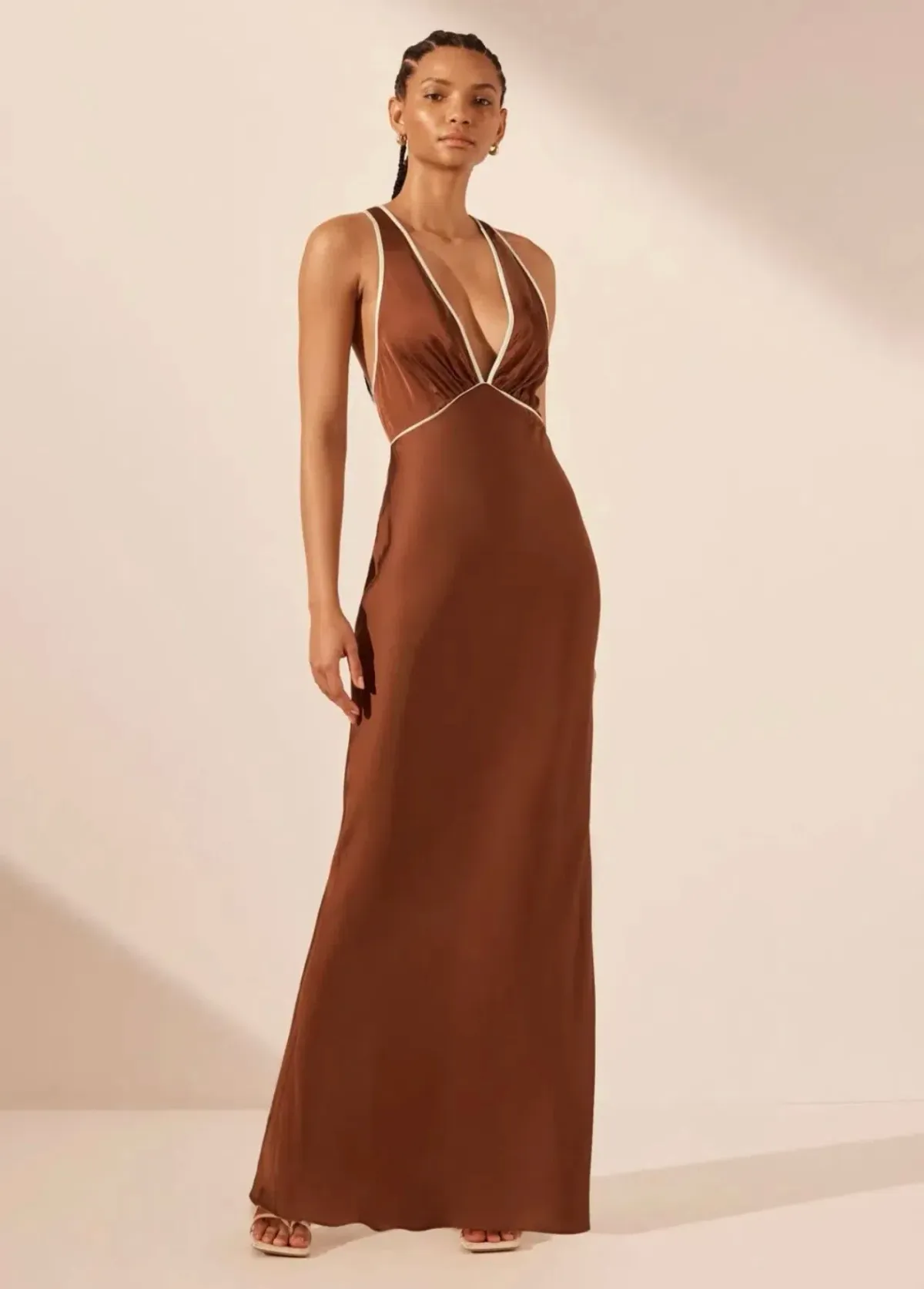 SHONA JOY BELKIS CONTRAST PLUNGE CROSS BACK MAXI DRESS CHOCOLATE/IVORY for rent on The Volte - main image