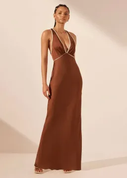 SHONA JOY BELKIS CONTRAST PLUNGE CROSS BACK MAXI DRESS CHOCOLATE/IVORY for rent on The Volte - image 1