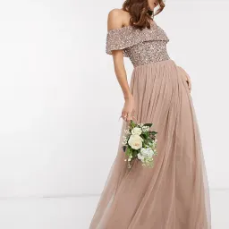 ASOS Maya Bardot Tulle Maxi Dress in Taupe Blush Size 8 for rent on The Volte - image 4