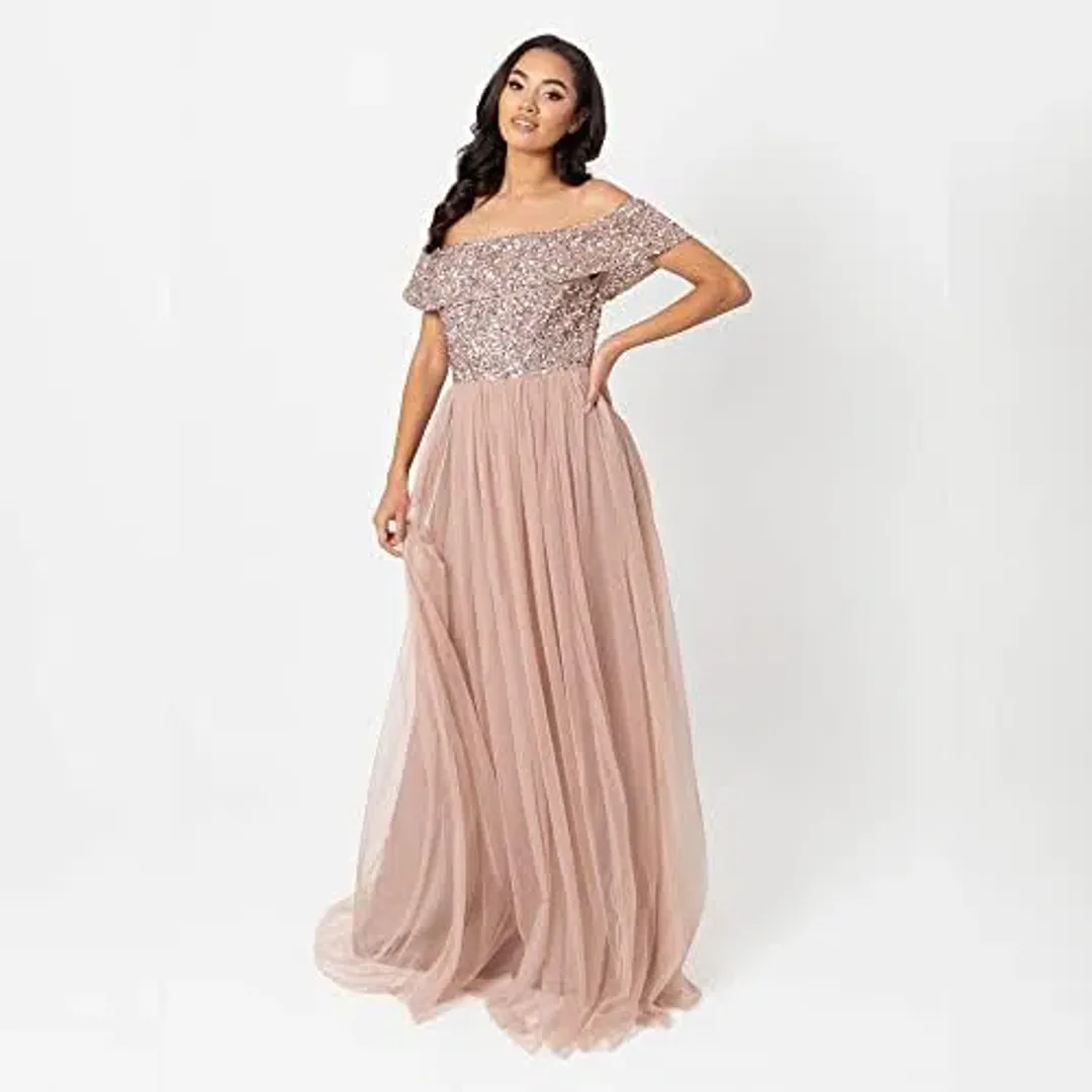 ASOS Maya Bardot Tulle Maxi Dress in Taupe Blush Size 8 for rent on The Volte - main image