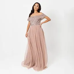ASOS Maya Bardot Tulle Maxi Dress in Taupe Blush Size 8 for rent on The Volte - image 3