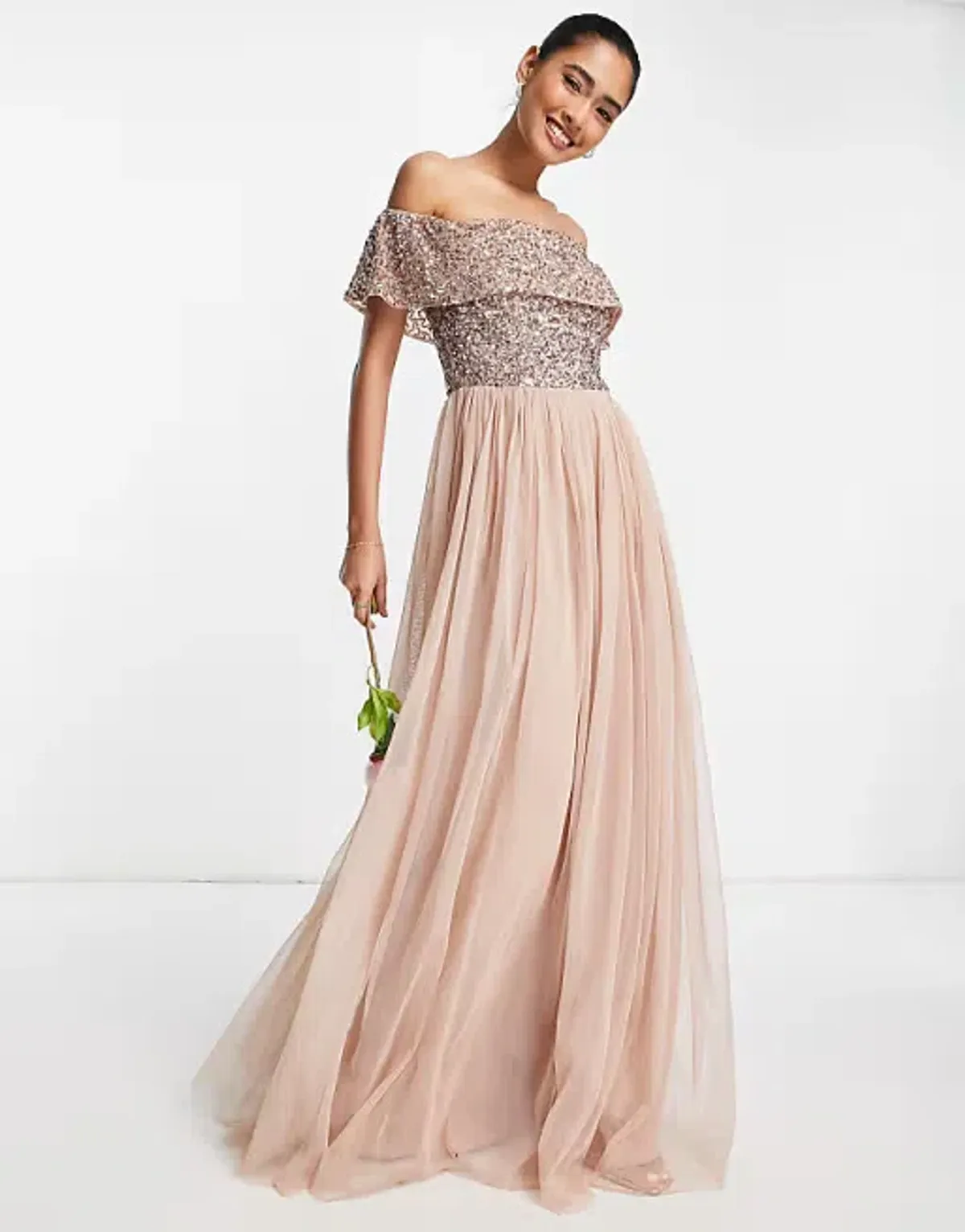 ASOS Maya Bardot Tulle Maxi Dress in Taupe Blush Size 8 for rent on The Volte - main image