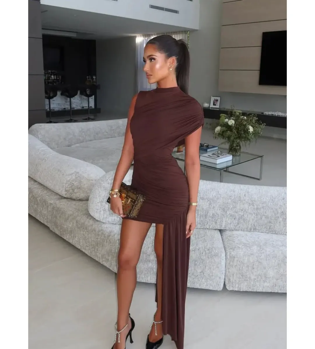 De La Vali Ravena Mini Dress in Chocolate Size AU10 for rent on The Volte - main image