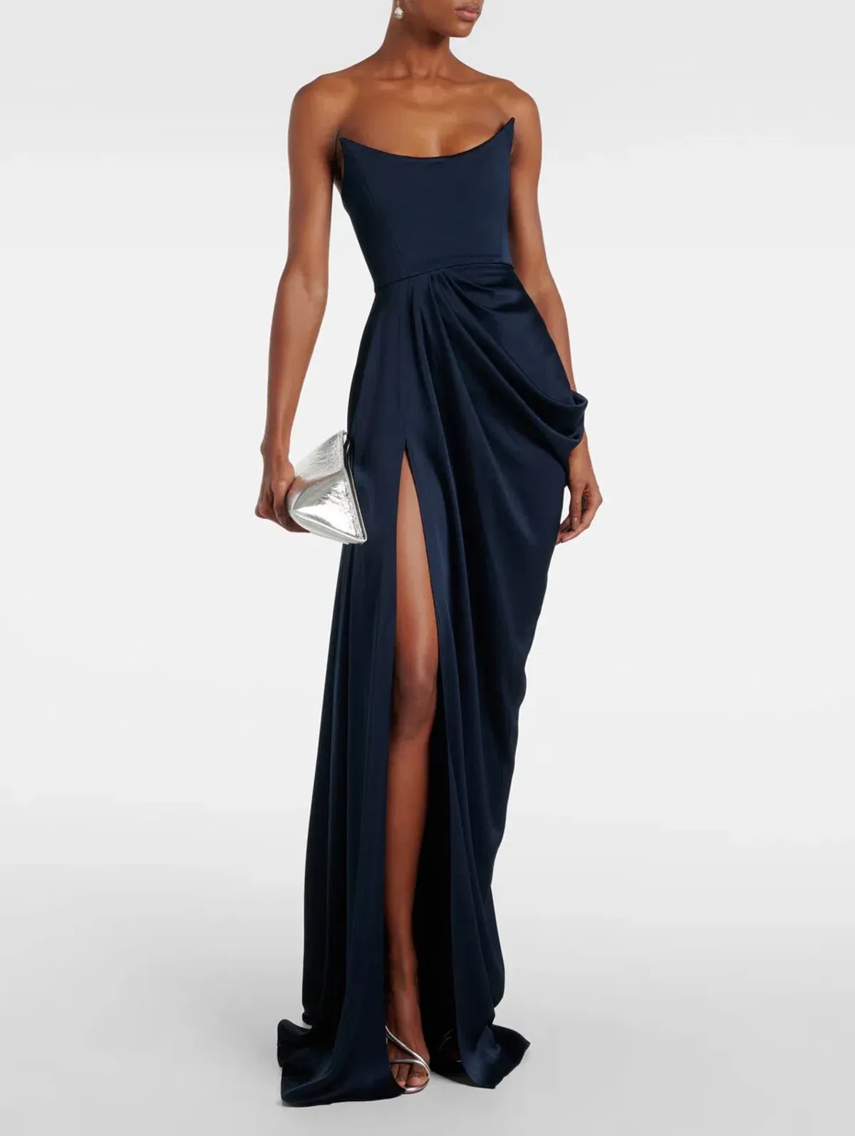 Alex Perry Draped Satin Bustier Maxi Gown in Navy Size AU 8 for rent on The Volte - main image